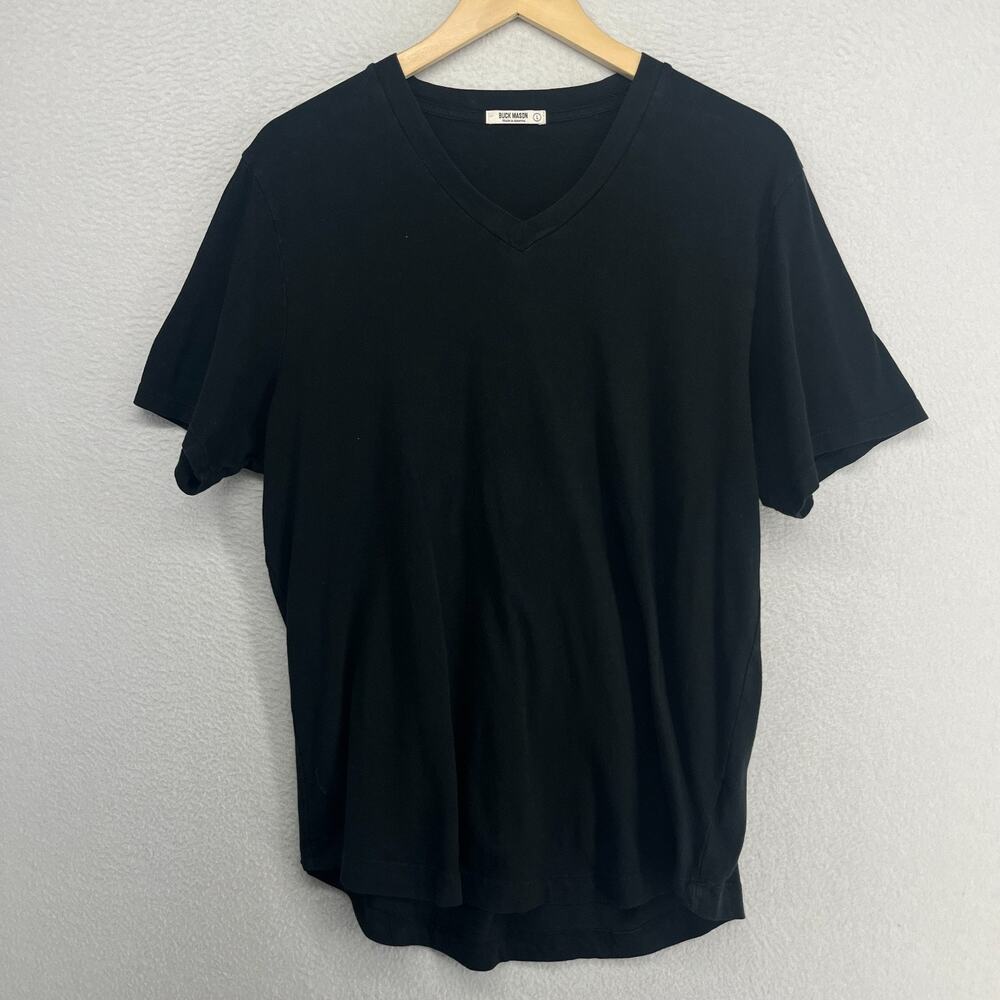 BUCK MASON Shirt Mens L 100% Cotton Slub Jersey V-Neck Short Sleeve Black USA